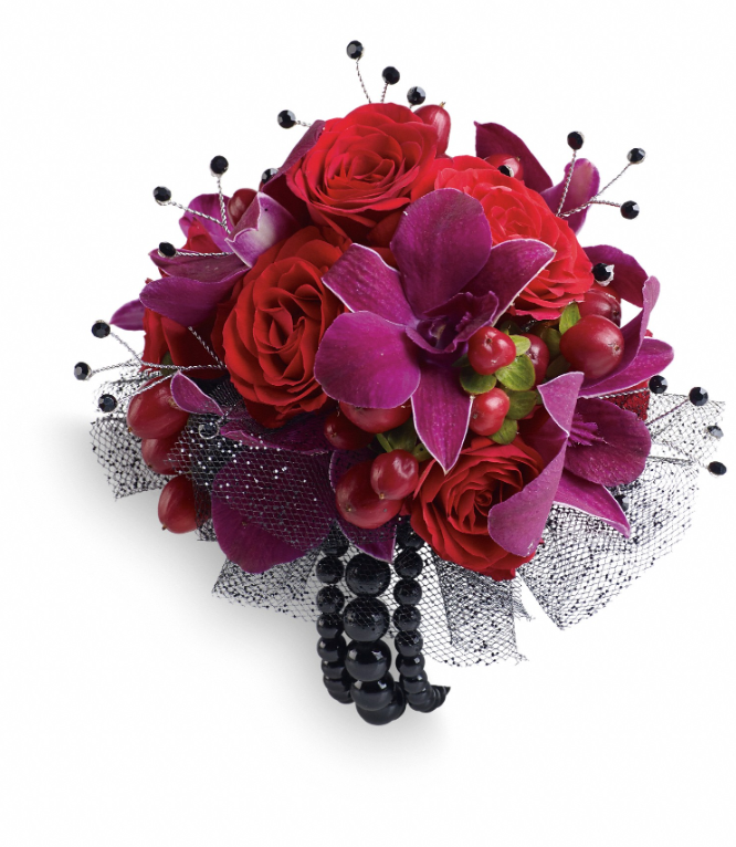 Days Flowers Florida: Flirt with fame corsage with exotic purple Dendrobium orchids, red spray roses, and rhinestones. Luxury accessory delivery in Port St. Lucie.