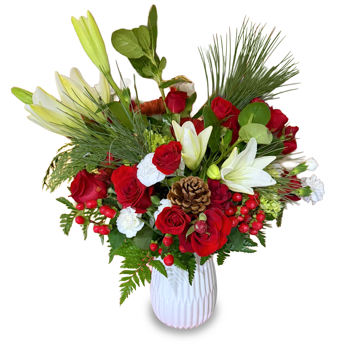 Days Flowers Florida: Elegant Christmas bouquet with red roses, white lilies, and pinecone. Festive holiday flower delivery in Apollo Beach and Ocala.