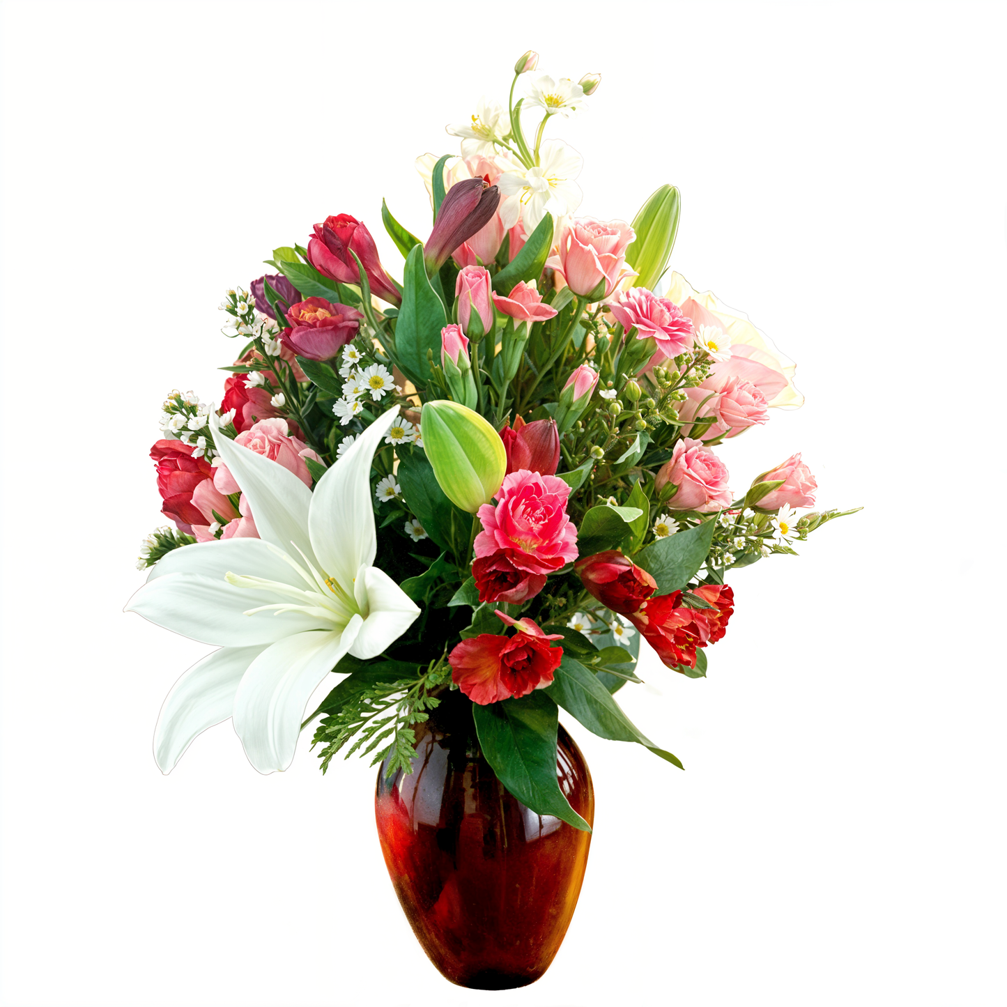 Days Flowers Florida: Contrast of Passion, elegant bouquet with white lily, deep red roses, and fuchsia alstroemeria. Romantic gift delivery in Summerfield, FL.