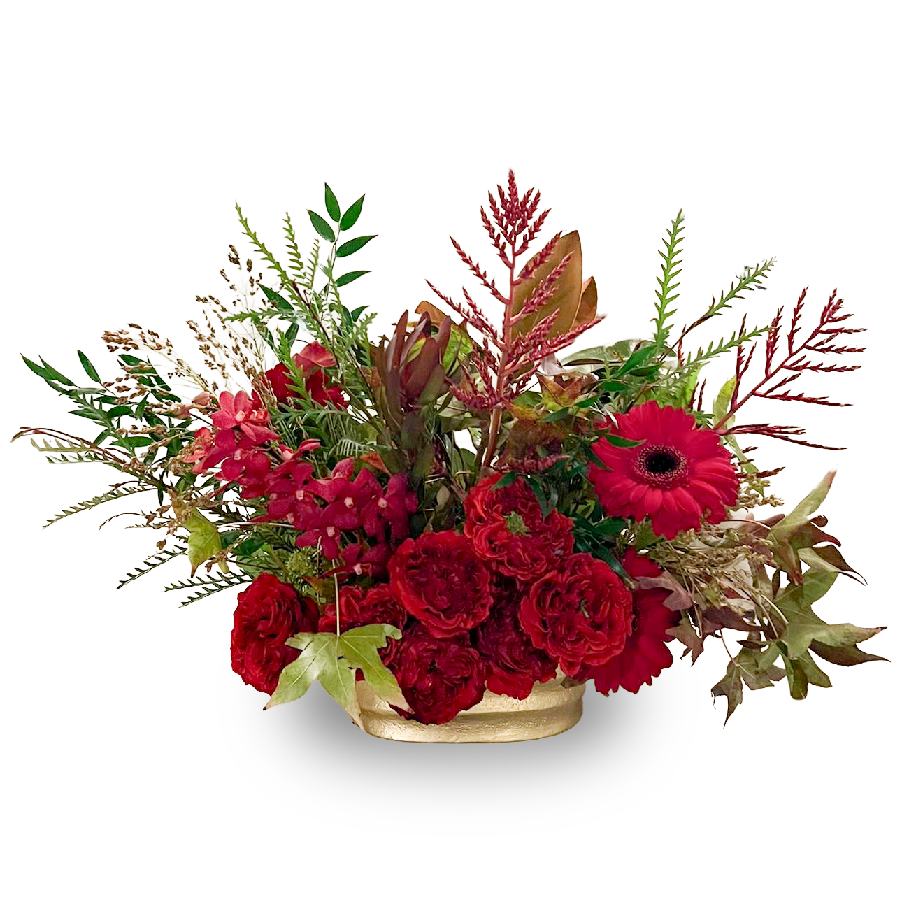 Shop the 'Crimson Opulence' arrangement. Luxurious deep red roses, burgundy fillers, and seasonal fall foliage in a gold vase. Perfect for anniversaries, Thanksgiving, and high-end gifting. Order stunning floral delivery in Florida today
