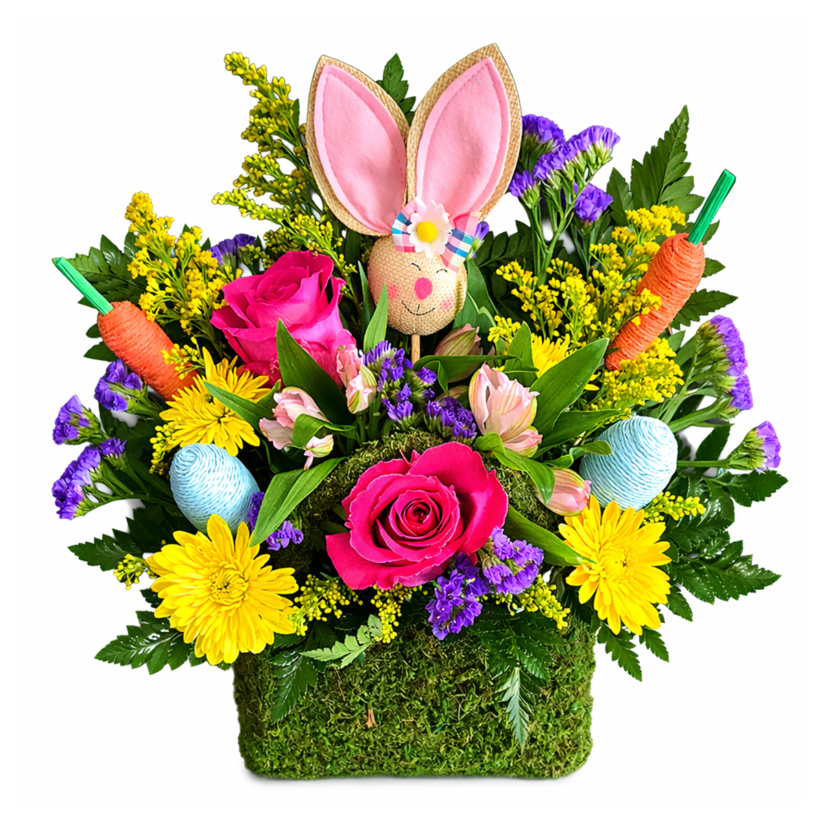 Days Flowers Florida: Springtime Whimsy Bouquet. Festive Easter flower arrangement with bunny and egg accents. Same-day holiday delivery in Port St. Lucie and Summerfield.