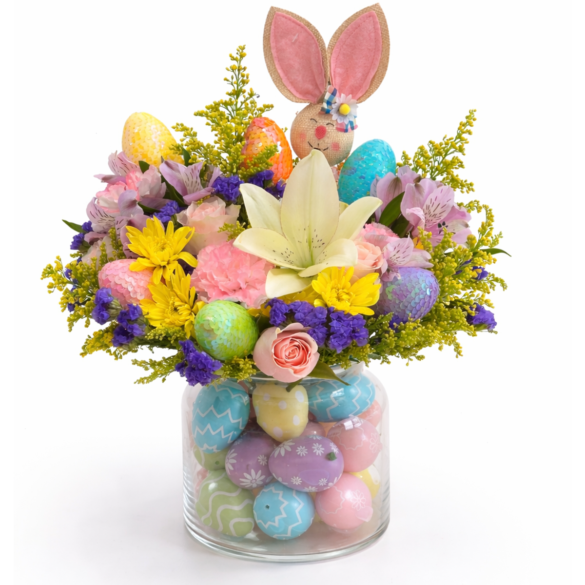 Days Flowers Florida: Pastel Easter Parade. Festive spring bouquet with a bunny character and colorful eggs. Same-day holiday delivery in Port St. Lucie and Summerfield.