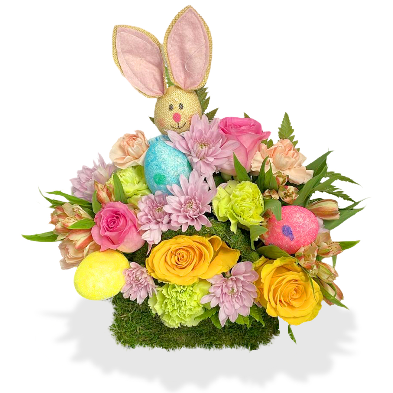 Days Flowers Florida: Easter Bunny floral centerpiece with pink roses, purple mums, and peach alstroemeria. Holiday decor gift delivery in Ocala, Florida