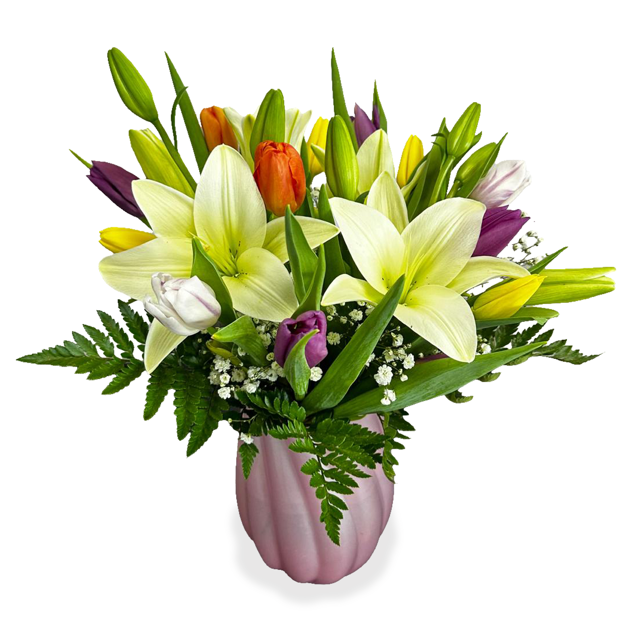 Days Flowers Florida: Easter Glow arrangement with white lilies and multi-colored tulips. Fresh Spring flower delivery in Summerfield, FL. Perfect Easter gift.