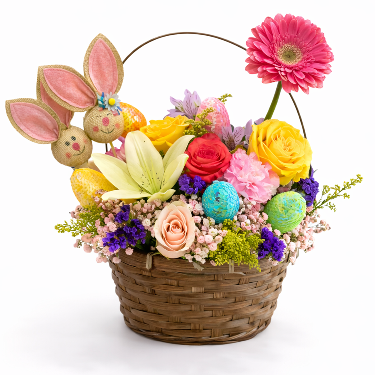 Days Flowers Florida: Easter Morning Meadow Basket. Vibrant roses, lilies, and bunny decorations in a wicker basket. Same-day holiday delivery in Apollo Beach and Ocala.
