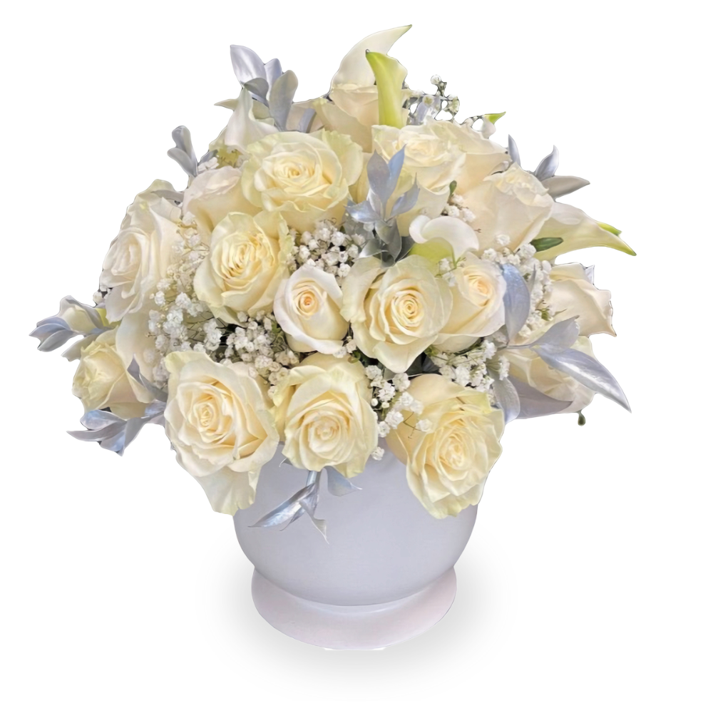 Elegant White Rose Bouquet by Days Flowers Florida featuring pristine white roses, delicate baby’s breath, lush greenery, and an elegant ribbon, designed for weddings, anniversaries, and sophisticated floral gifts.