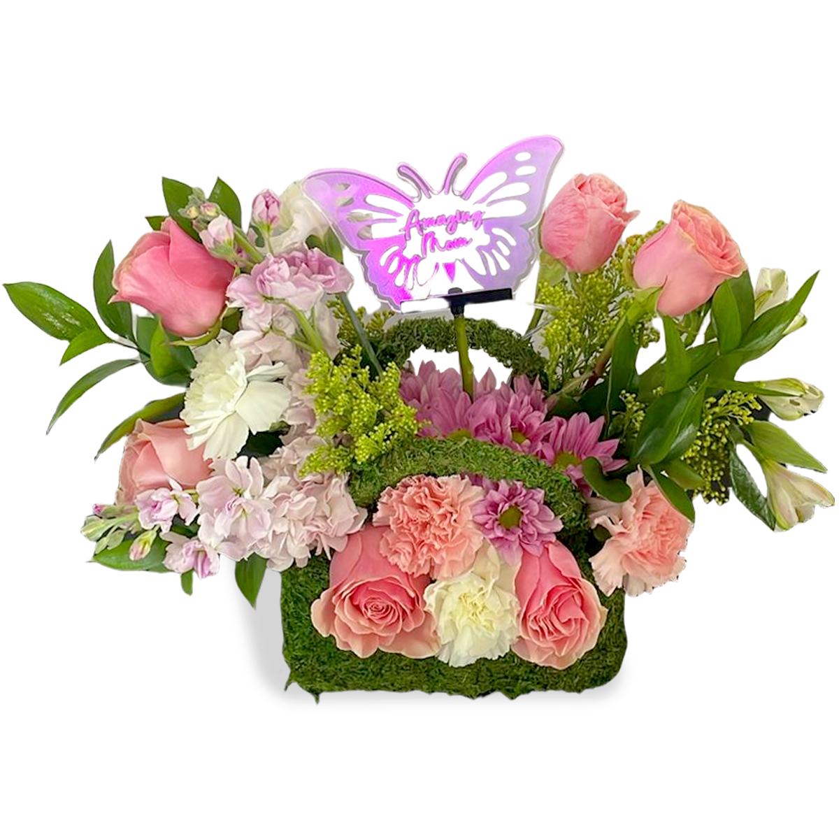 Days Flowers Florida: Spectacular Mother's Day arrangement on a moss base with white/pink carnations. Unique floral art gift delivery in Ocala, FL.