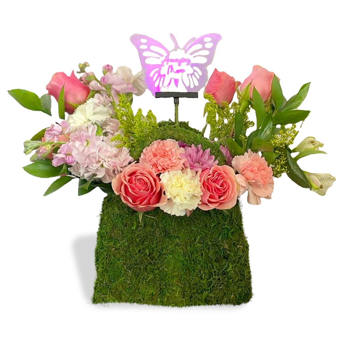 Days Flowers Florida: Enchanted Garden, exquisite Mother's Day arrangement with coral roses, carnations, and 'Amazing Mom' butterfly. Luxury delivery in Port St. Lucie