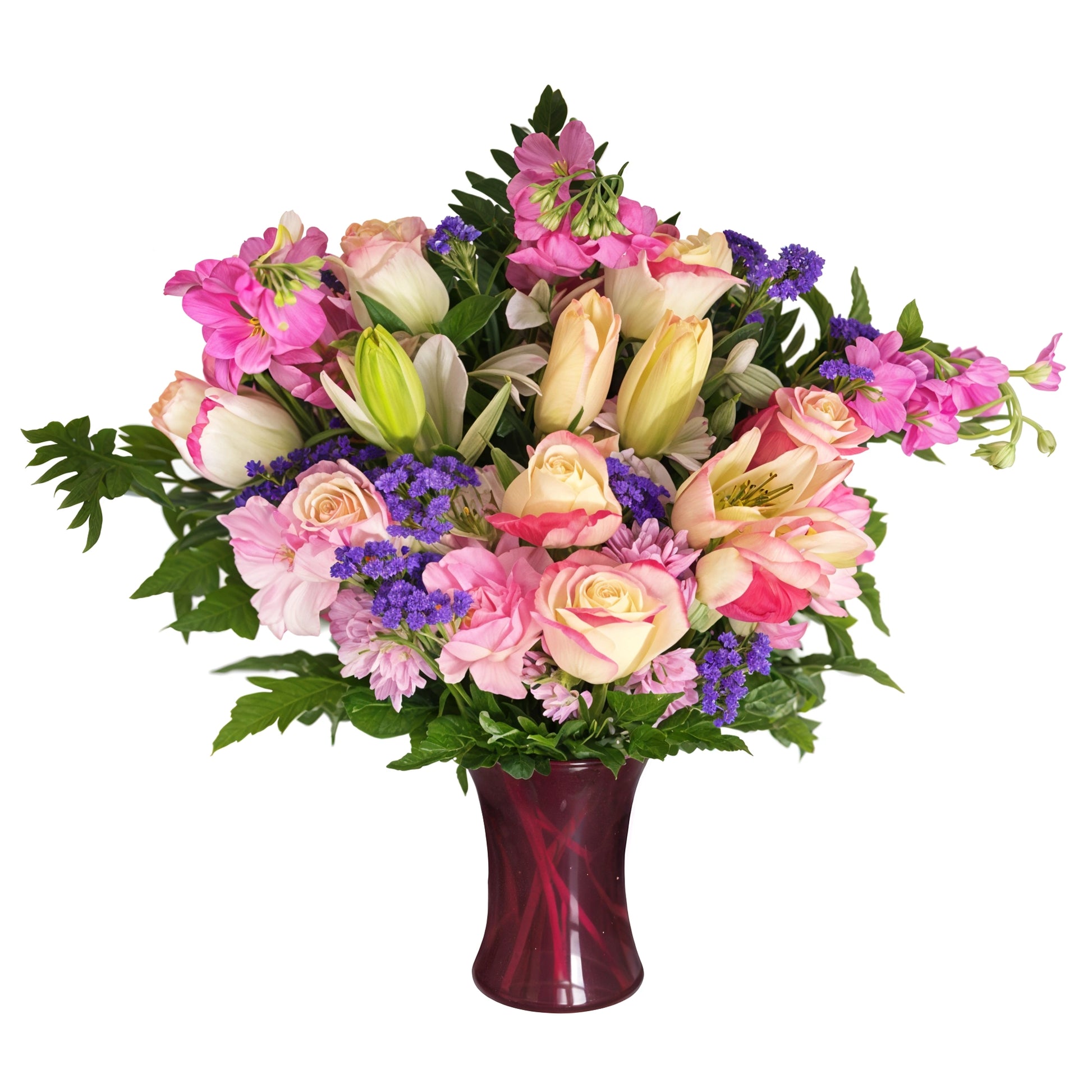 Days Flowers Florida: Enchanting 'Dream Garden' arrangement with pink-edged roses, tulips, and white lilies. Sophisticated floral art delivered across Florida.