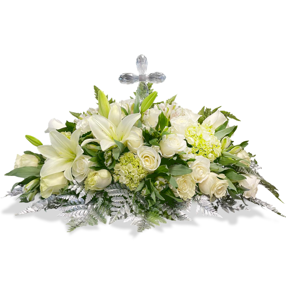Eternal Peace sympathy flower arrangement featuring white lilies, white roses, and a central crystal cross by Days Flowers Florida