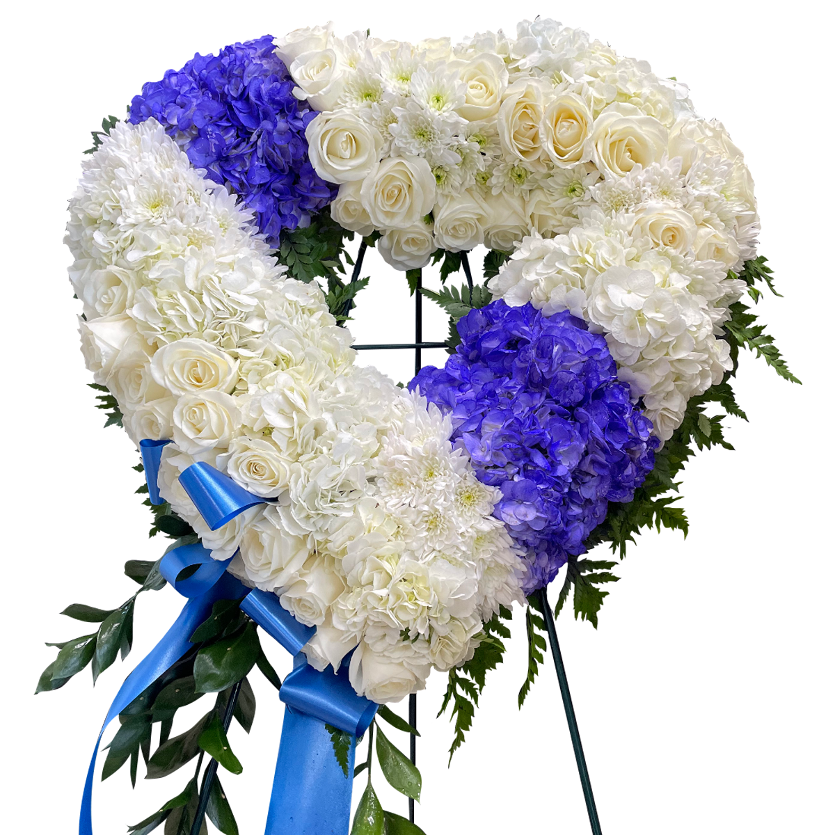 Days Flowers Florida: Eternal Embrace heart-shaped Sympathy arrangement with white roses, chrysanthemums, and blue hydrangeas. Tender tribute delivery in Summerfield, FL.