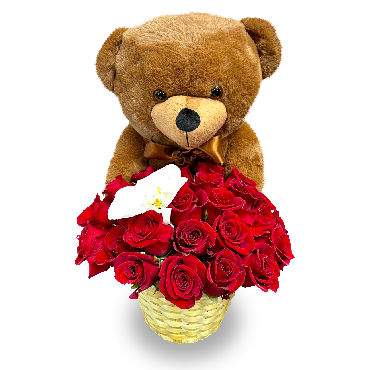 Days Flowers Florida: Eternal Love Hug, romantic gift set with premium red roses, teddy bear, and orchid. Perfect for Valentine's Day in Ocala, FL