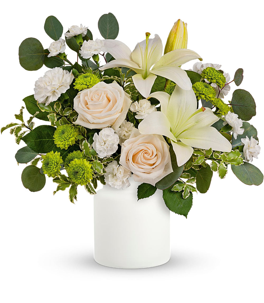 Eternally Elegant Bouquet by Days Flowers Florida featuring white lilies, crème roses, white carnations, green button chrysanthemums, eucalyptus, lemon leaf, and fresh greenery in a timeless matte white vase, ideal for sympathy and thoughtful floral gifts in The Villages and Summerfield.