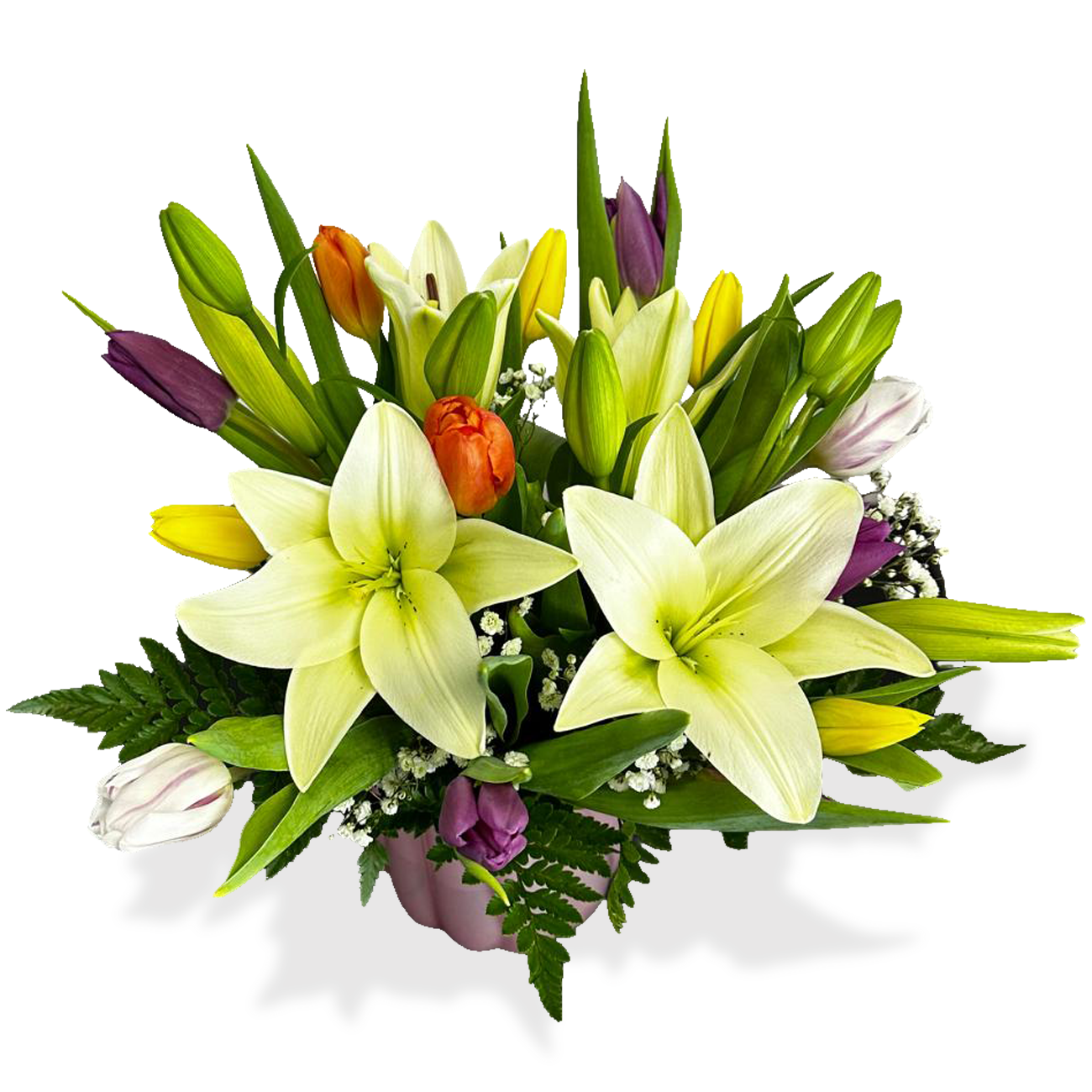 Days Flowers Florida: Exquisite Easter centerpiece in pastel pink vase. Tulips, lilies, and baby's breath symbolize hope. Holiday delivery in Port St. Lucie.