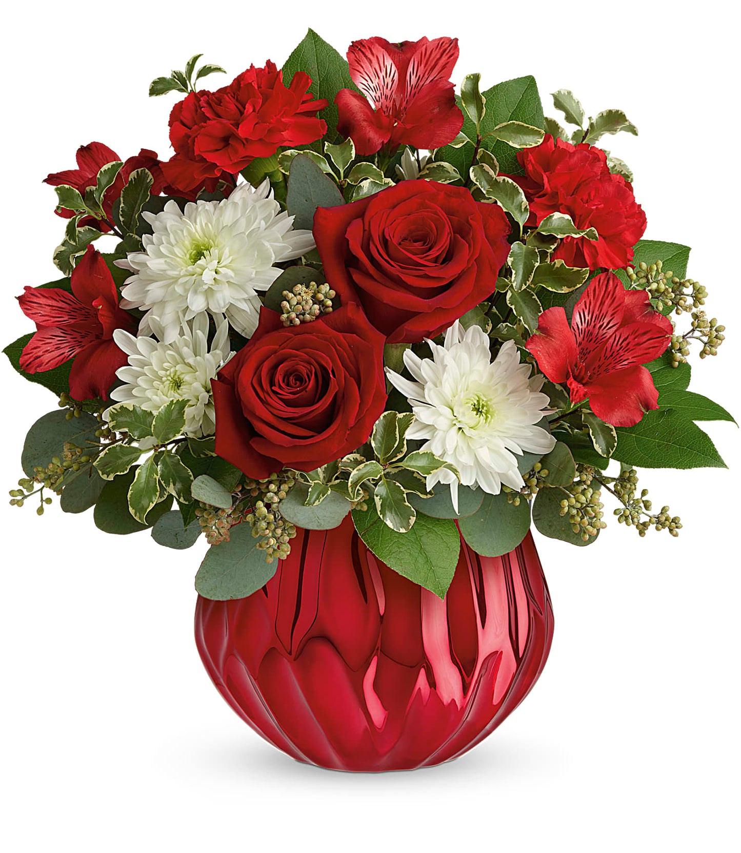 Days Flowers Florida: Bold metallic red vase arrangement with red roses, carnations, and white mums. Enchanting gift for special someone in Summerfield, Florida.