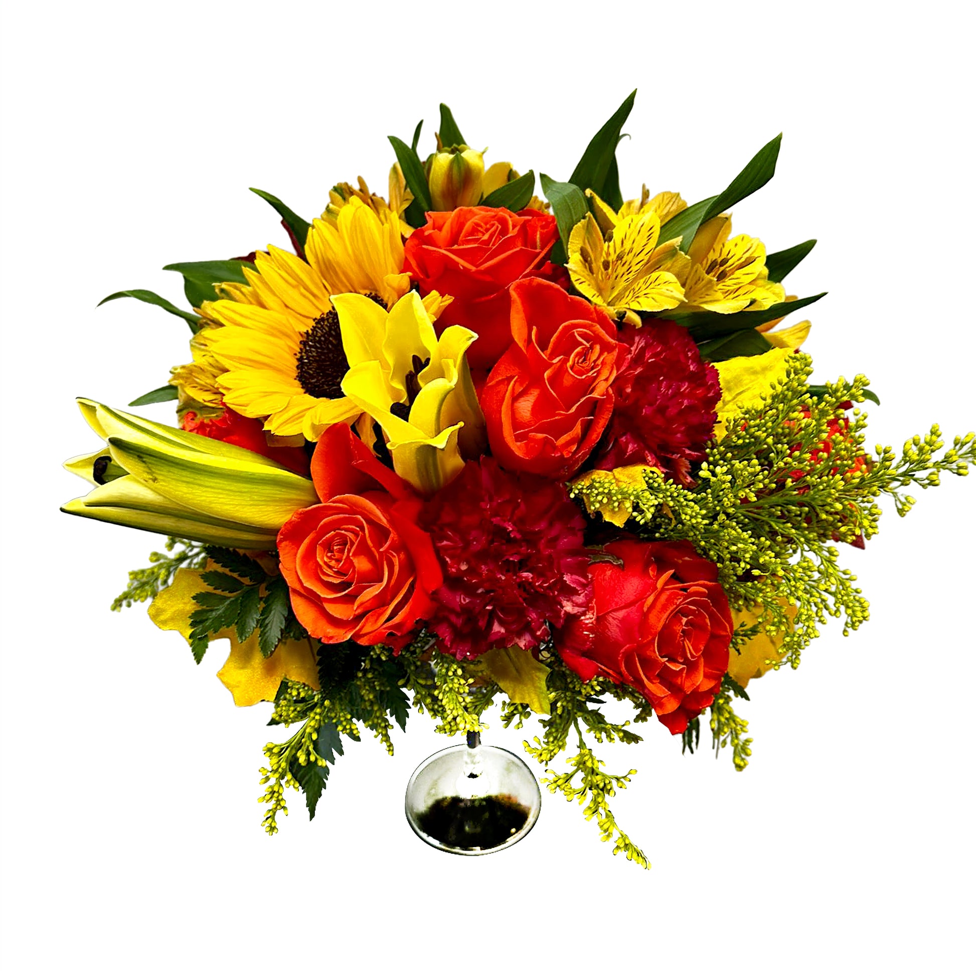 Days Flowers Florida: Golden Sunrise Bouquet with sunflowers, red/orange roses, and yellow lilies. Vibrant fresh flowers for birthdays in Summerfield, FL.