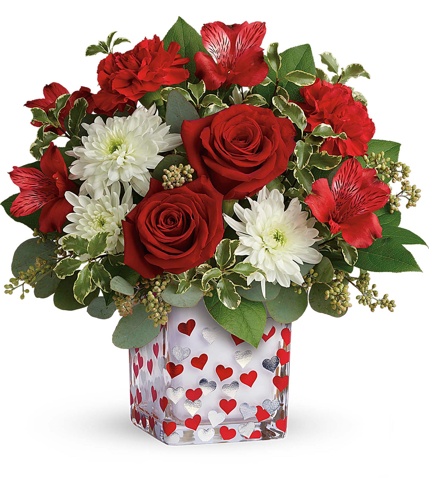 Days Flowers Florida: Happy Harmony Cube with red roses, carnations, and silver hearts. Joyful way to celebrate love and affection in Summerfield, FL