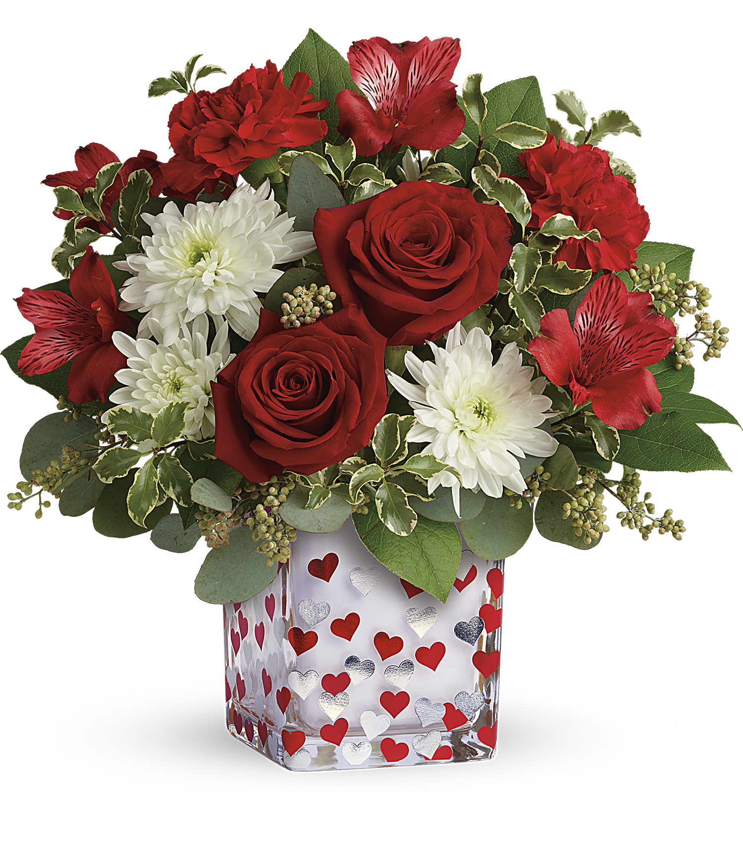 Days Flowers Florida: Happy Harmony Cube with red roses, carnations, and silver hearts. Joyful way to celebrate love and affection in Summerfield, FL