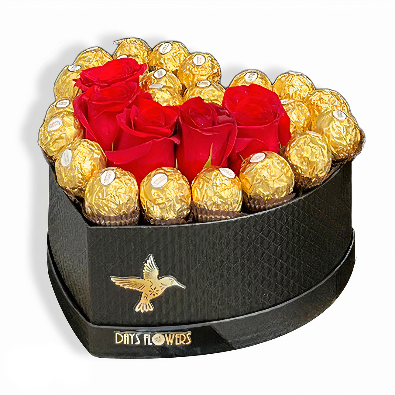 Days Flowers Florida: Heartfelt Indulgence Chocolate & Roses Box. Luxurious gift with red roses and golden-wrapped chocolates delivery in Port St. Lucie