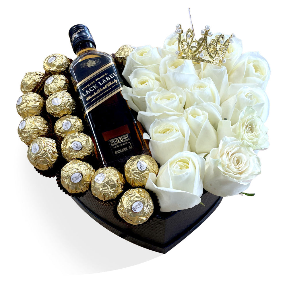 Hearts and Chocolates Arrangement by Days Flowers Florida featuring a medium rose box with fresh roses, chocolates, and a bottle presentation, designed as an elegant romantic gift for special occasions.