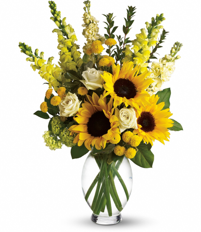 Days Flowers Florida: Bright arrangement with yellow sunflowers, white stock, and green viburnum. Sunny flower gift delivery in Summerfield, Florida