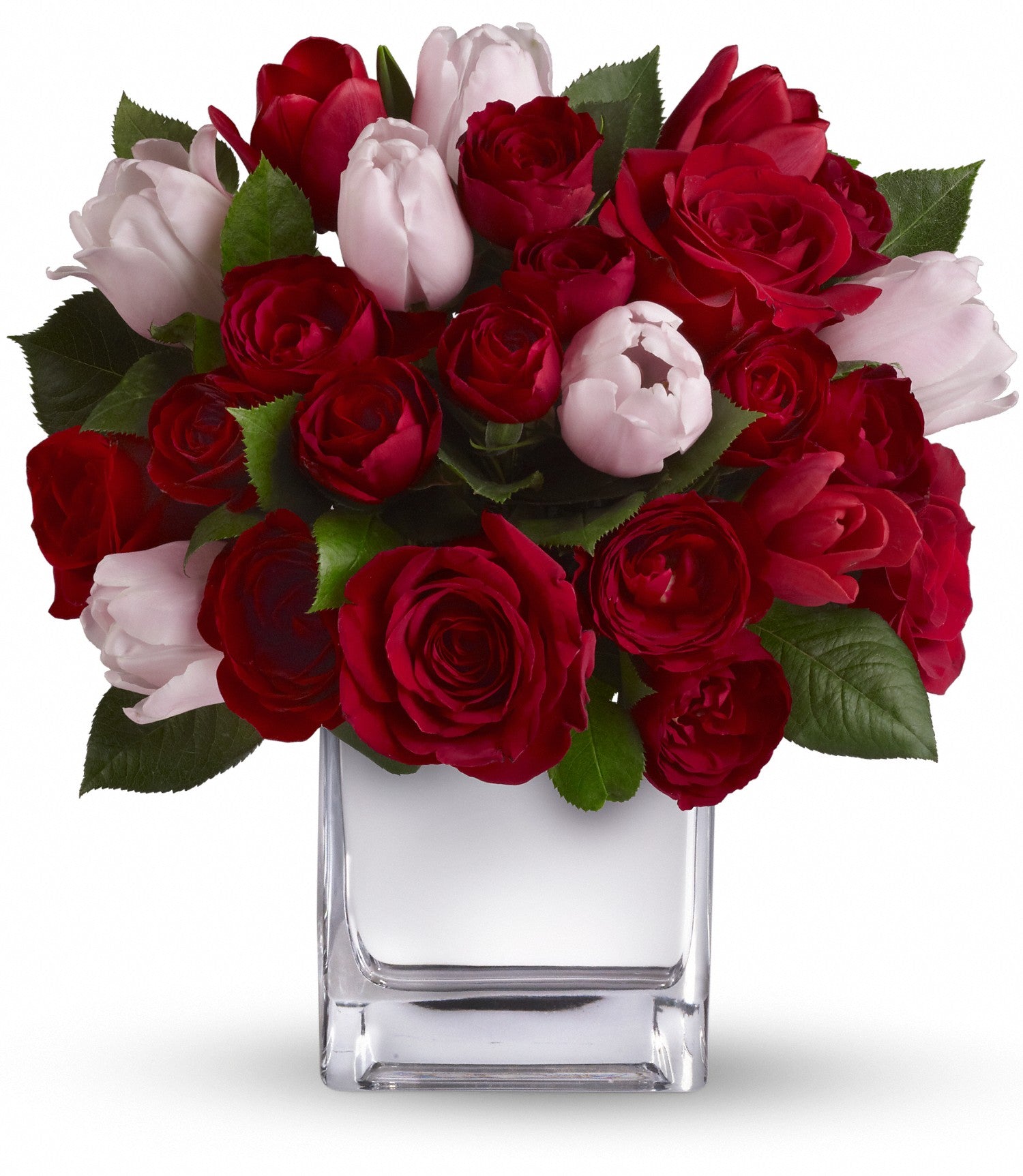 Days Flowers Florida: Singular bouquet with red roses, pink and red tulips in a modern Mirrored Silver Cube. Pamper your special one in Summerfield, FL.