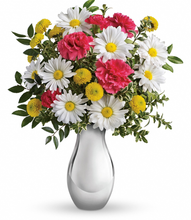 Days Flowers Florida: Happy bouquet with hot pink carnations and white daisies in a Silver Reflections vase. Sure to put a smile on her face in Port St. Lucie.