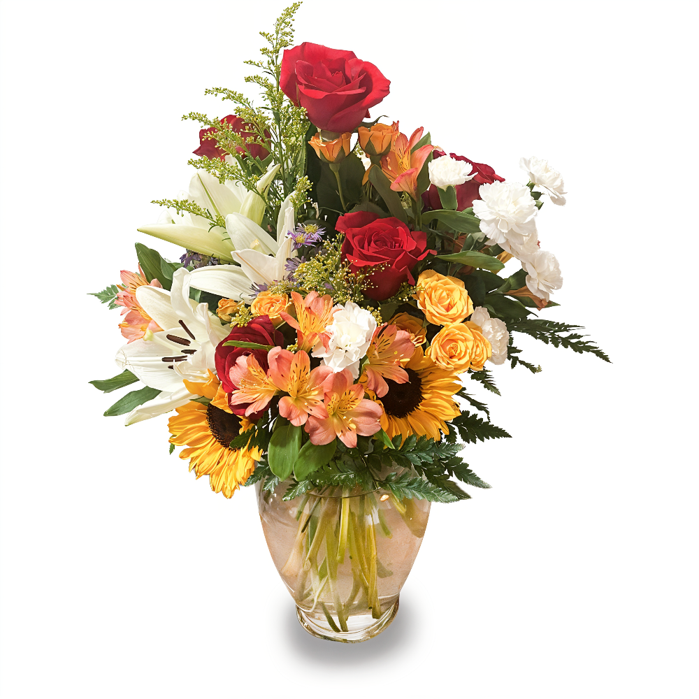 Close-up detail of Lasting Joy bouquet showing premium peach roses, orange alstroemerias, and fresh greenery.
