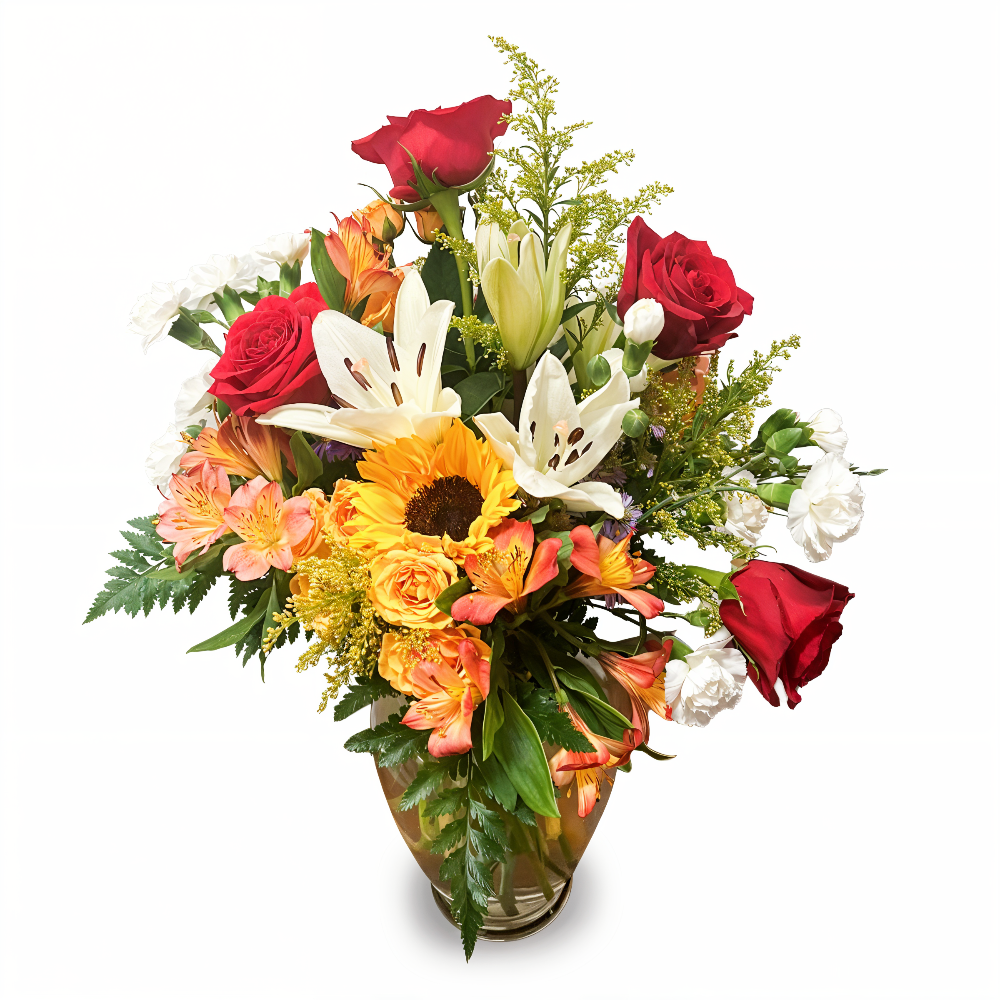Lasting Joy floral arrangement featuring a sunflower, red roses, and majestic white lilies in a glass vase by Days Flowers Florida