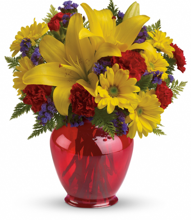Days Flowers Florida: Vibrant ginger jar arrangement with yellow lilies and red mini-carnations. Festive flower delivery in Summerfield, Florida