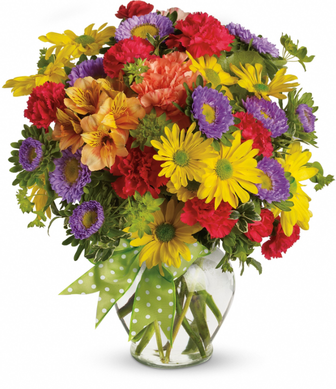 Days Flowers Florida: Deluxe Make a Wish bouquet with orange carnations, lavender asters, and yellow mums. Big, bright flower gift delivery in Ocala, FL