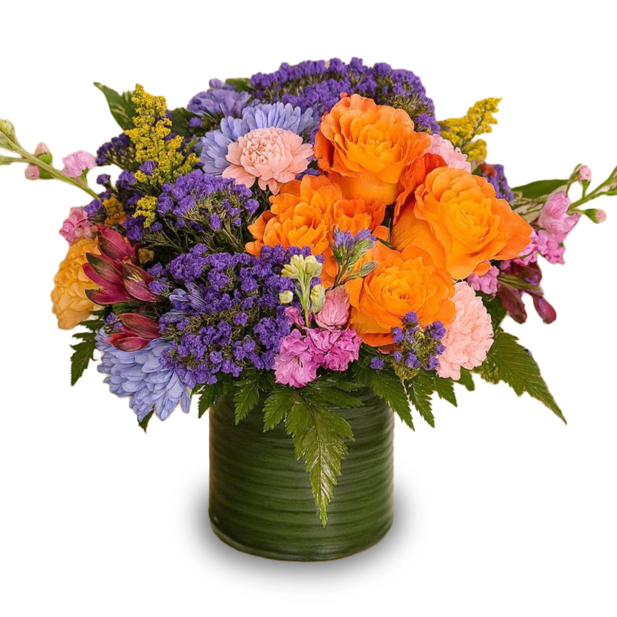 Days Flowers Florida: Electric Sunset Blooms. Striking orange roses, purple statice, and lavender mums. Unique flower arrangement delivery in Port St. Lucie.