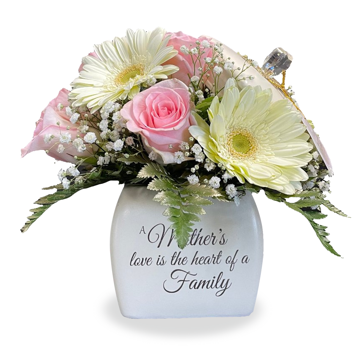 Days Flowers Florida: Eternal Blossoms Mother's Day arrangement in unique teacup with quote. Pink roses, white daisies, and baby’s breath delivery in Ocala, FL.