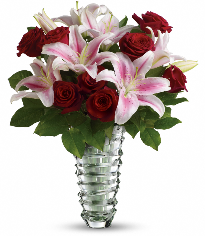 Days Flowers Florida: Roses and lilies bouquet in a unique vase with free-form rings. Ultimate romantic gesture gift delivery in Summerfield, Florida.
