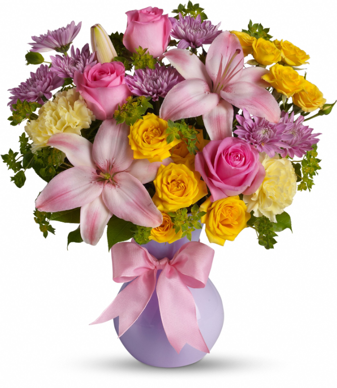 Days Flowers Florida: Gorgeous pastel flower arrangement with pink roses, yellow spray roses, and pink Asiatic lilies. Graceful gift delivery in Port St. Lucie.