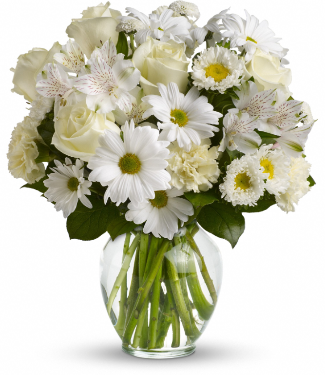 Purest Intentions by Days Flowers Florida featuring white roses, alstroemeria, carnations, matsumoto asters, chrysanthemums, and salal greenery arranged in a classic clear glass ginger vase.