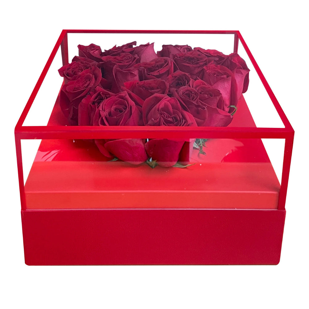 Radiant Romance Collection premium flower arrangement by Days Flowers Florida, displaying 18 fresh, hand-selected deep red roses arranged beautifully inside a luxury red gift box.