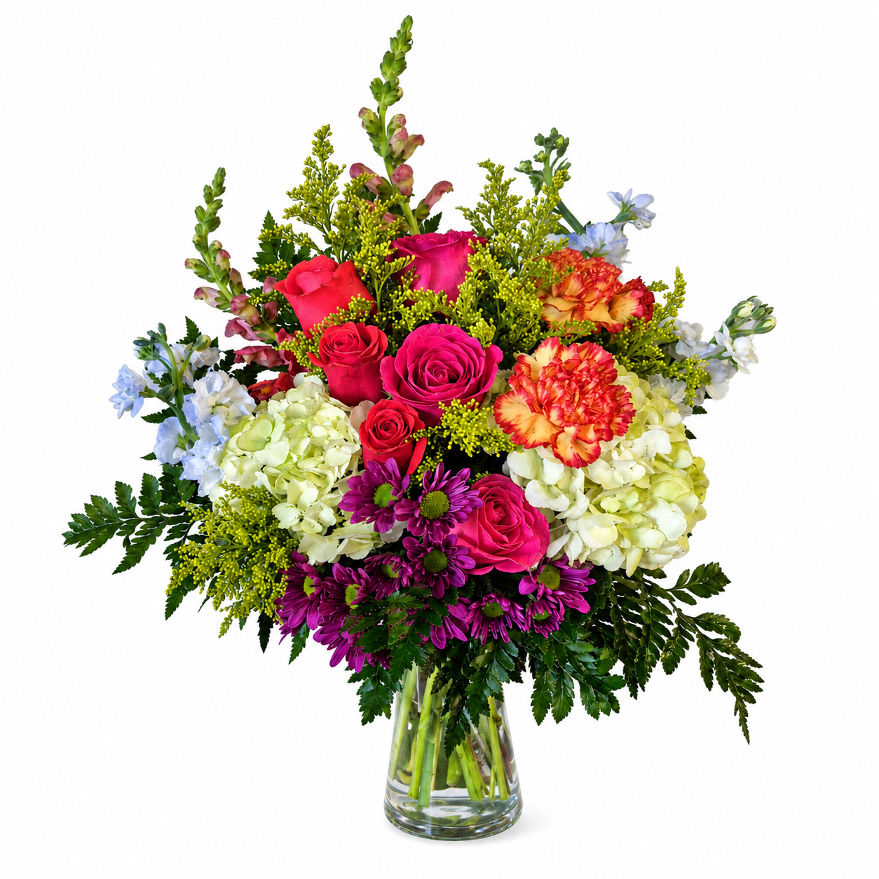 Luxurious mixed fresh flower arrangement by [Your Florist Name] featuring hot pink roses, white hydrangeas, orange carnations, purple daisies, and blue delphinium in an elegant glass vase.