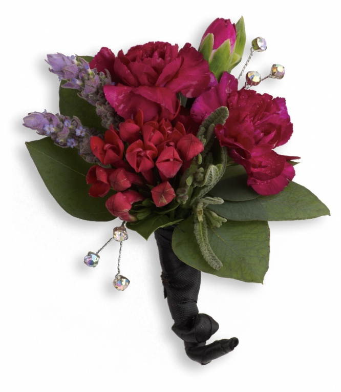 Days Flowers Florida: Feminine corsage featuring purple orchids and red hypericum. Chic prom or wedding accessory delivery in Ocala, FL