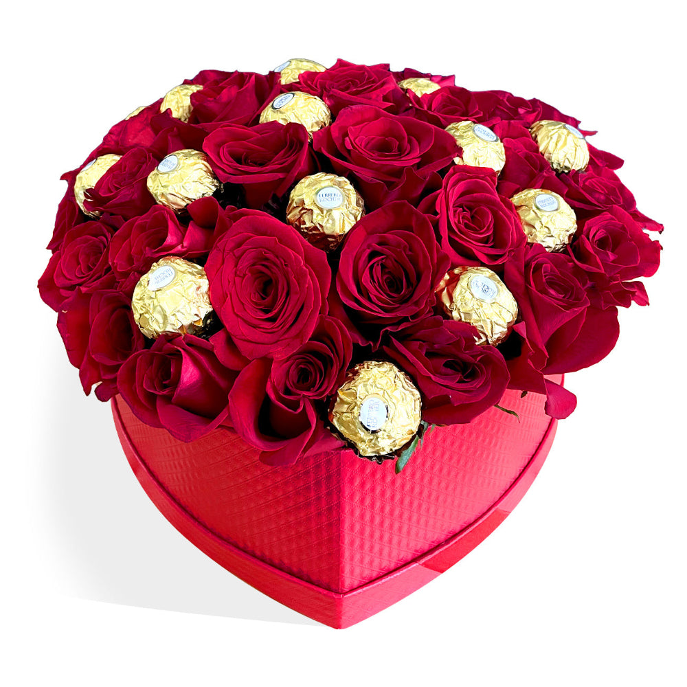 Romance in a Box premium flower gift by Days Flowers Florida, displaying 30 fresh red roses neatly arranged alongside fine Ferrero Rocher chocolates inside a luxury container.