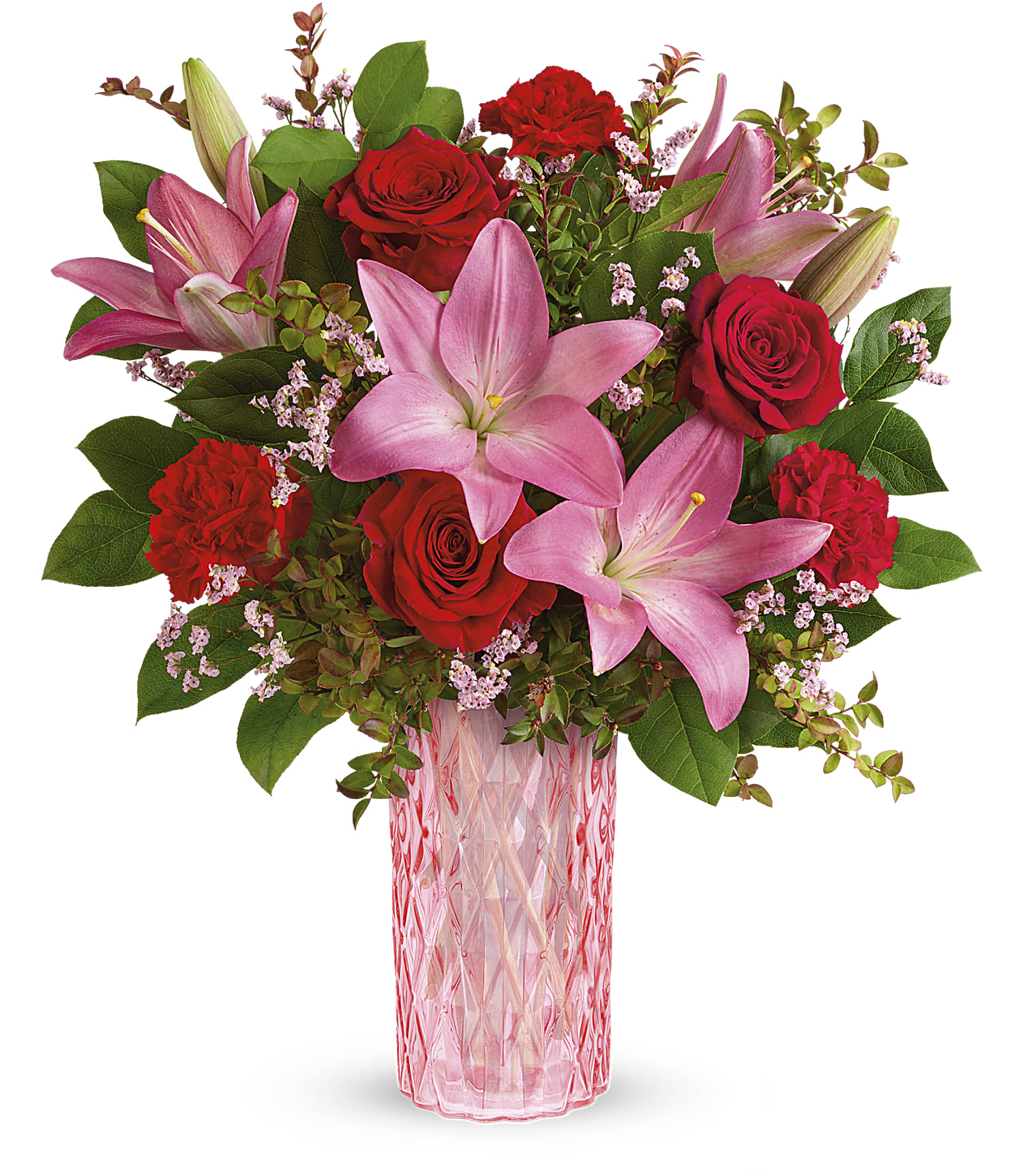 Days Flowers Florida: Elegant Valentine's Day delight with red roses and pink lilies in a diamond-cut vase. Romantic gift delivery in Summerfield, FL.
