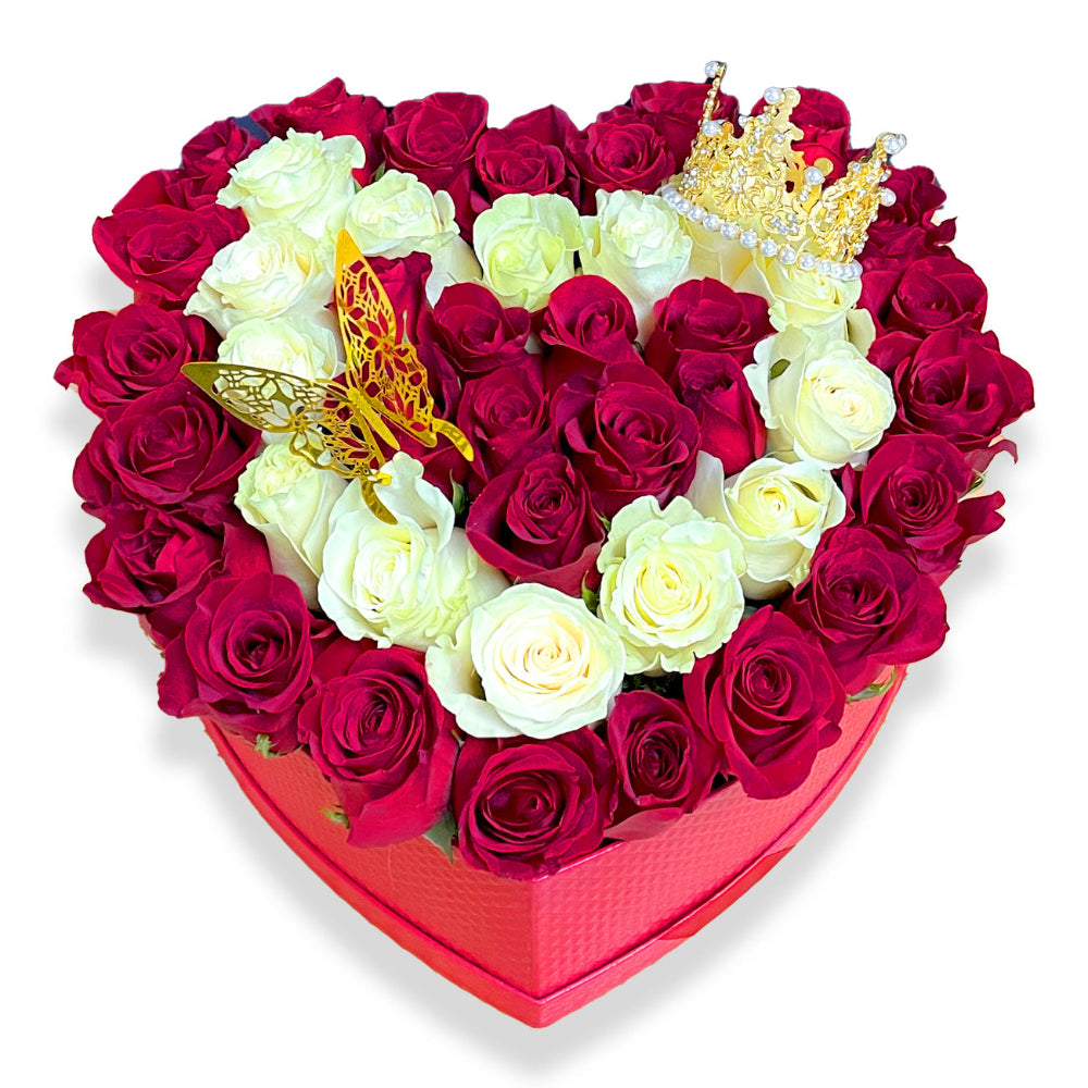 Royal Bloom Crown luxury flower arrangement by Days Flowers Florida, displaying 40 pristine white and red roses mixed together with an opulent glistening golden crown centerpiece.