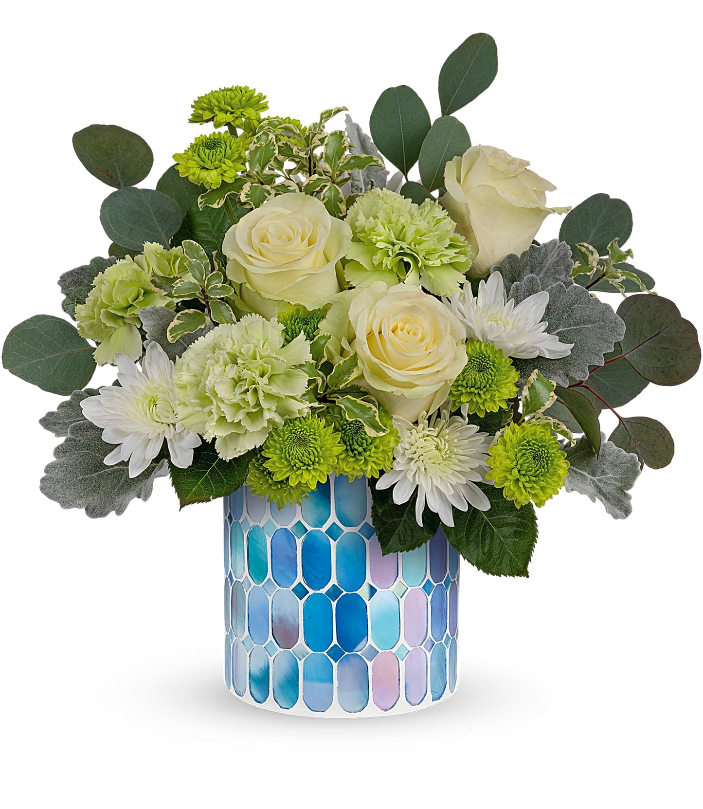 Serene Bliss Bouquet by Days Flowers Florida featuring green roses, green carnations, green chrysanthemums, white cushion chrysanthemums, dusty miller, eucalyptus, and fresh greenery in a shimmering sky-blue mosaic vase.