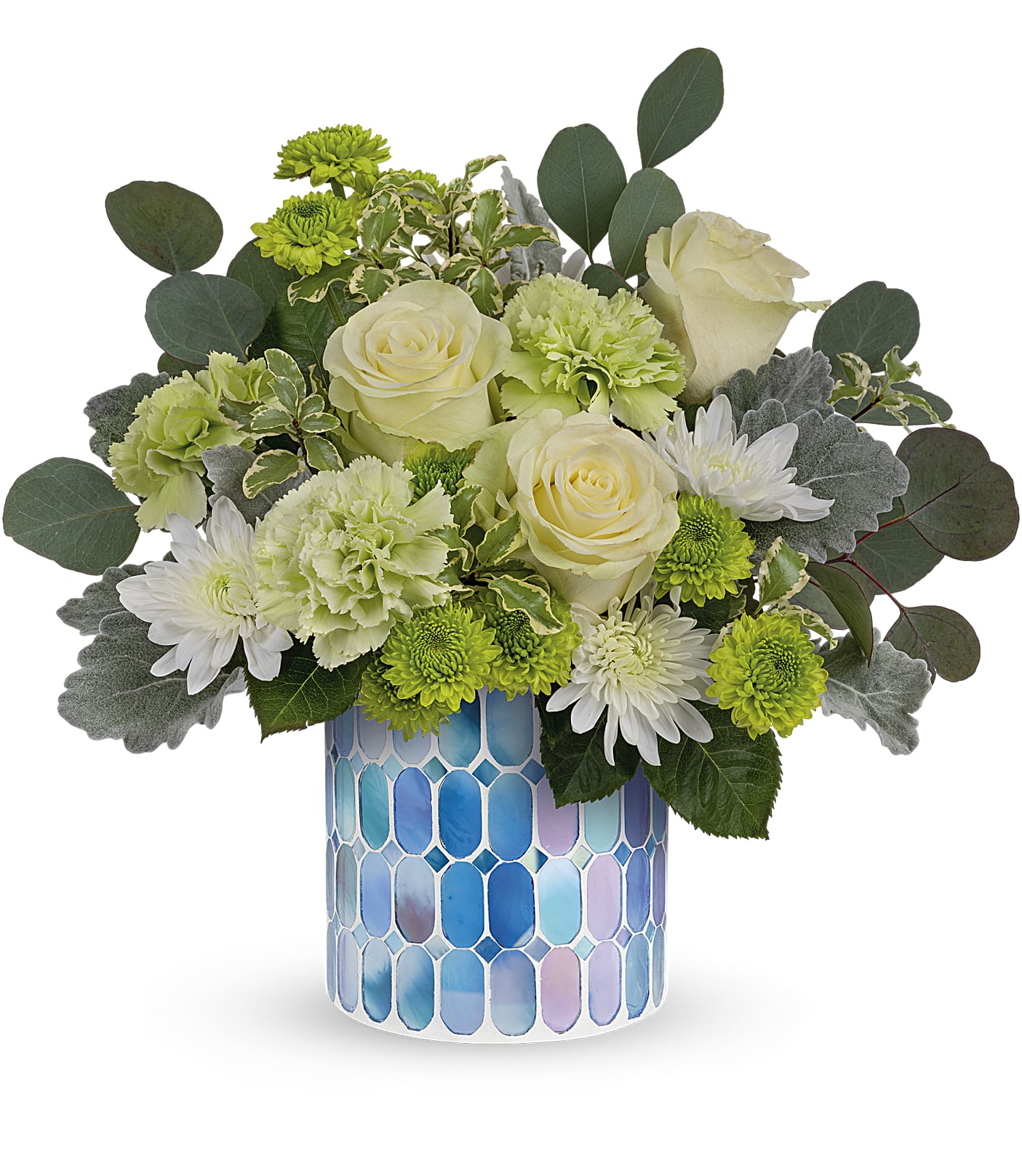 Serene Bliss Bouquet by Days Flowers Florida featuring green roses, green carnations, green chrysanthemums, white cushion chrysanthemums, dusty miller, eucalyptus, and fresh greenery in a shimmering sky-blue mosaic vase.
