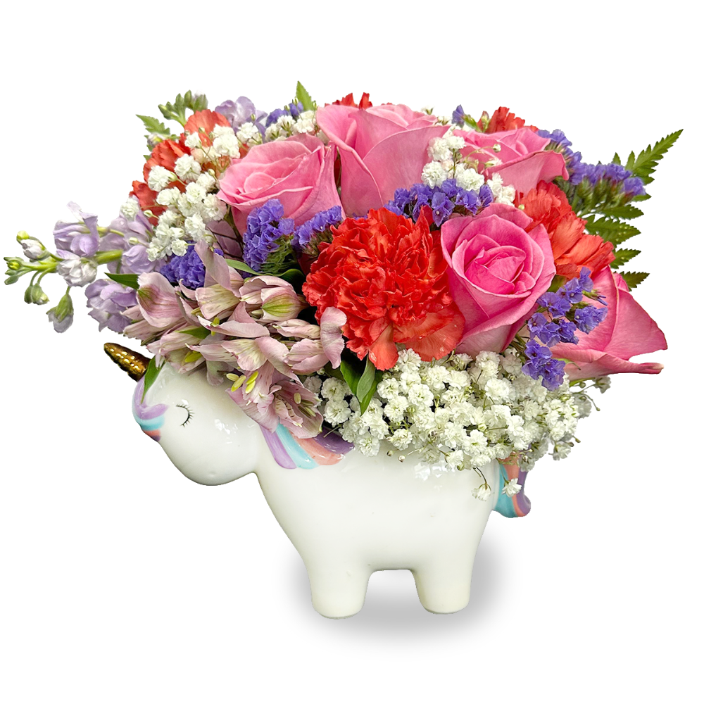 Sparkle Unicorn Bloom flower arrangement with pink roses and baby's breath in a ceramic unicorn vase by Days Flowers Florida.