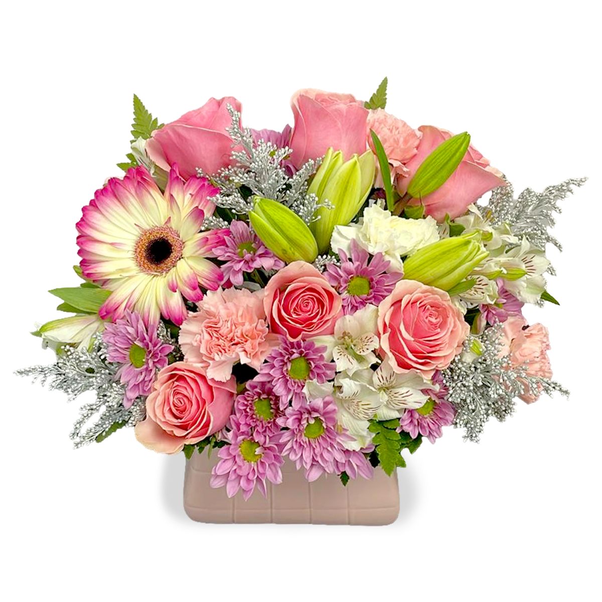 Days Flowers Florida: Exquisite Spring Coral Whisper bouquet with velvety roses and majestic green lilies. Elegant gift delivery in Port St. Lucie, Florida