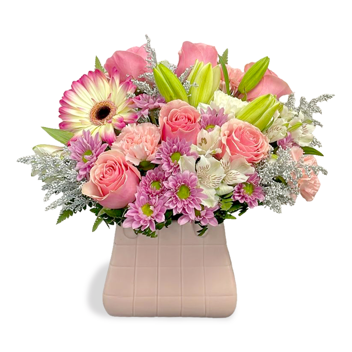 Days Flowers Florida: Spring Coral Whisper, elegant arrangement with coral roses, two-toned gerberas, and lavender chrysanthemums. Fresh flowers for birthdays in Ocala, FL.
