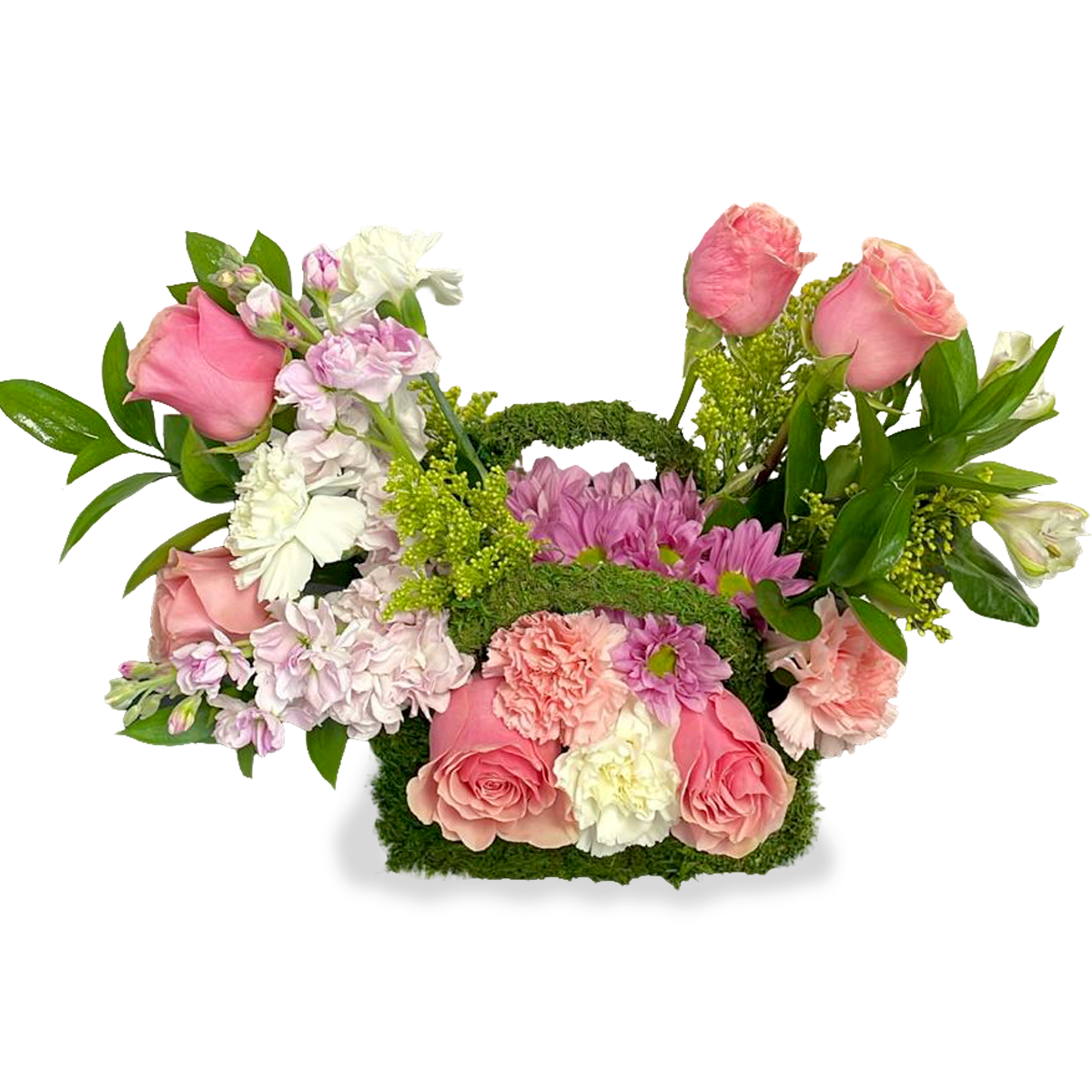 Days Flowers Florida: Spring Handbag, unique moss bag arrangement with coral roses, white and pink carnations. Exclusive floral art gift delivery in Ocala, FL