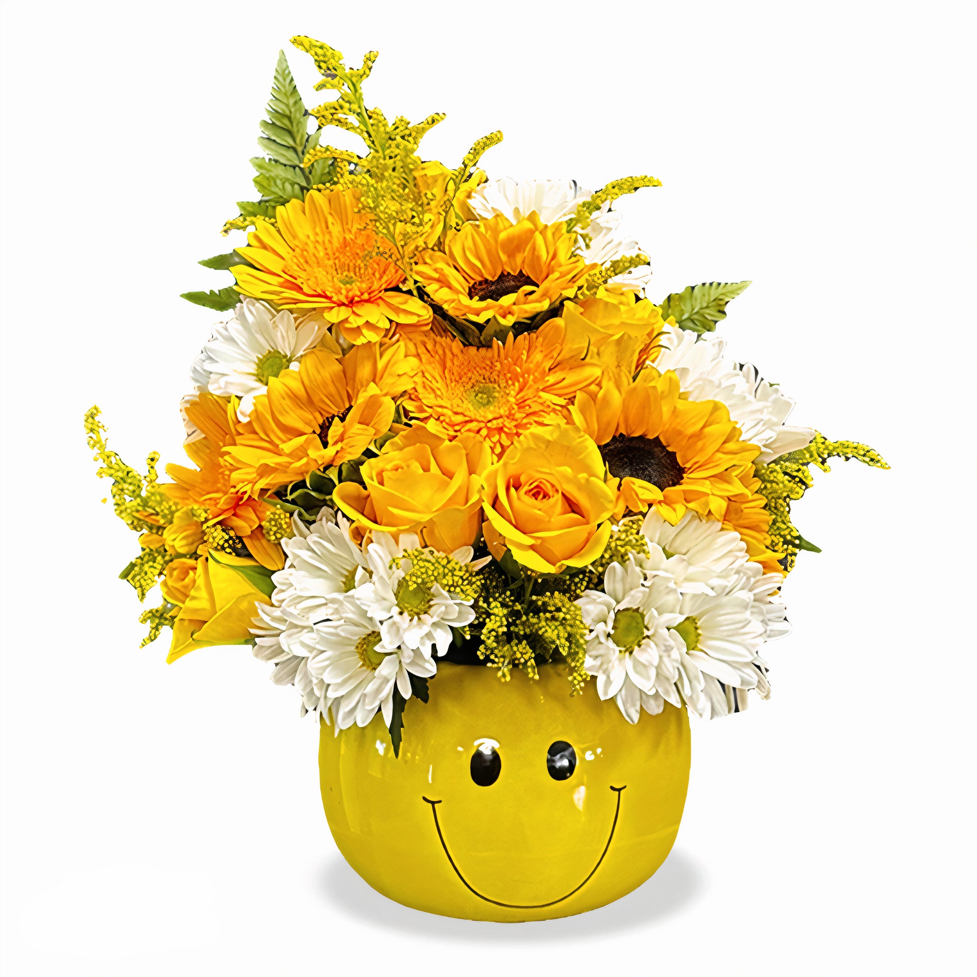 Days Flowers Florida: Sunny Smiles Bouquet in a unique smiley-face container. Cheerful orange and yellow blooms for joyous gift delivery in Summerfield, FL.