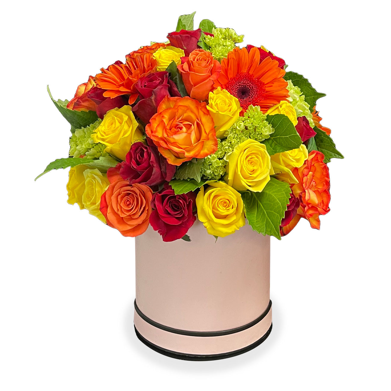 Sunrise Splendor Bouquet by Days Flowers Florida, displaying an abundant arrangement of fiery red roses, orange roses, and bright yellow Gerberas arranged with fresh greens in a chic white vase.